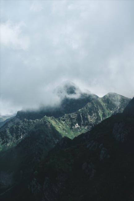 Mountain Landscapes - Fog-covered green mountains with a dramatic sky #10259424