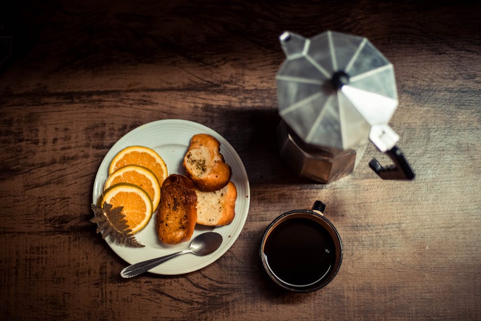 Food Aesthetics - Warm breakfast scene with coffee, toast, and ora #14792353