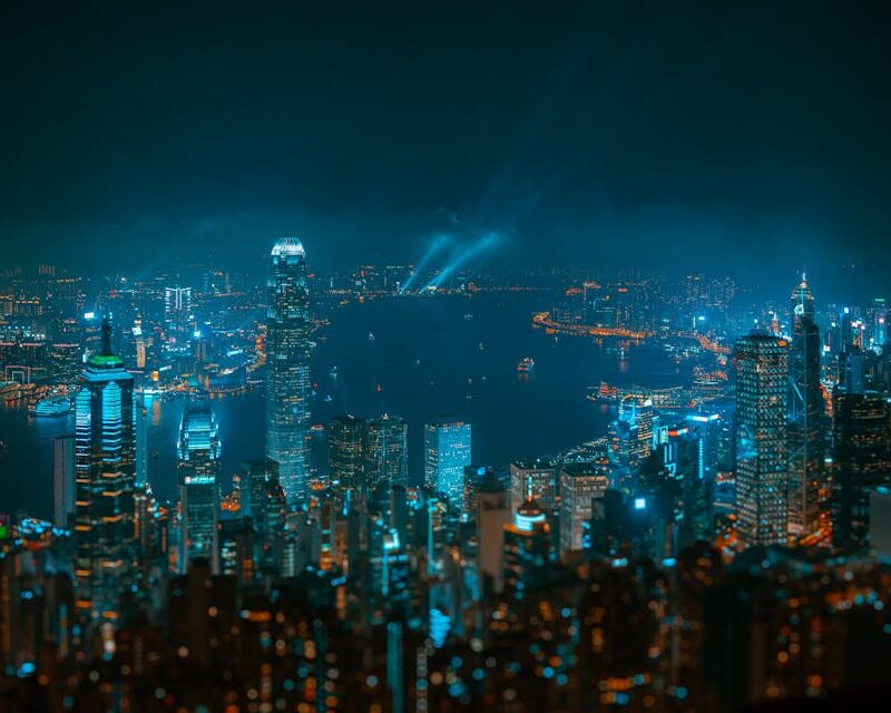 City Architecture - Spectacular view of Hong Kong skyline at night, #19233481