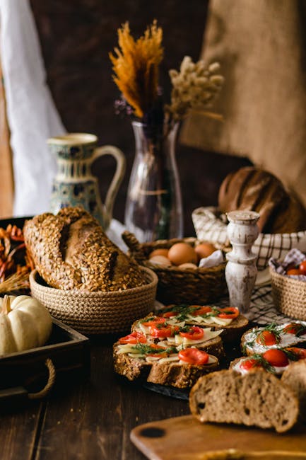 Food Aesthetics - Assorted breads with vegetables and decor on a r #30891219