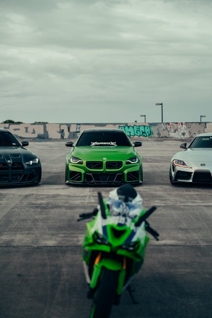 Luxury Cars - Green sports motorcycle and cars on graffiti-ado #36542641